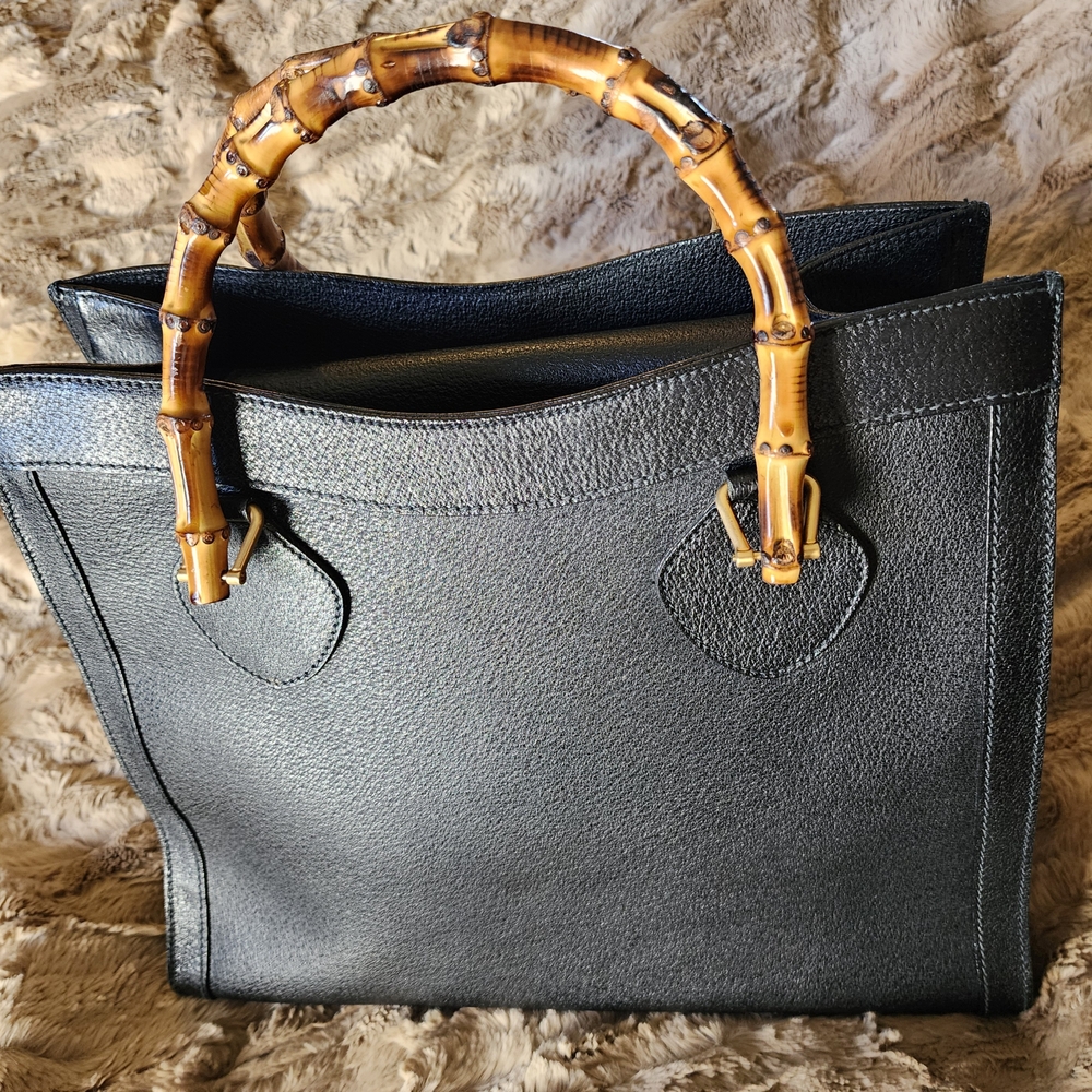 Authentic Gucci Diana Bamboo Handle Tote Bag – Black Leather